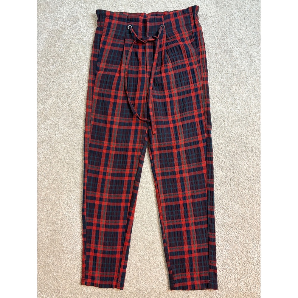 Free People Plaid Pants High Waist‎ Paper Bag Drawstring trousers Casual Size 2